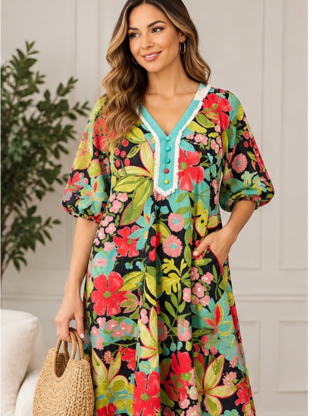 Umgee Black Floral V-Neck Dress with Turquoise Trim and Multicolor Blooms